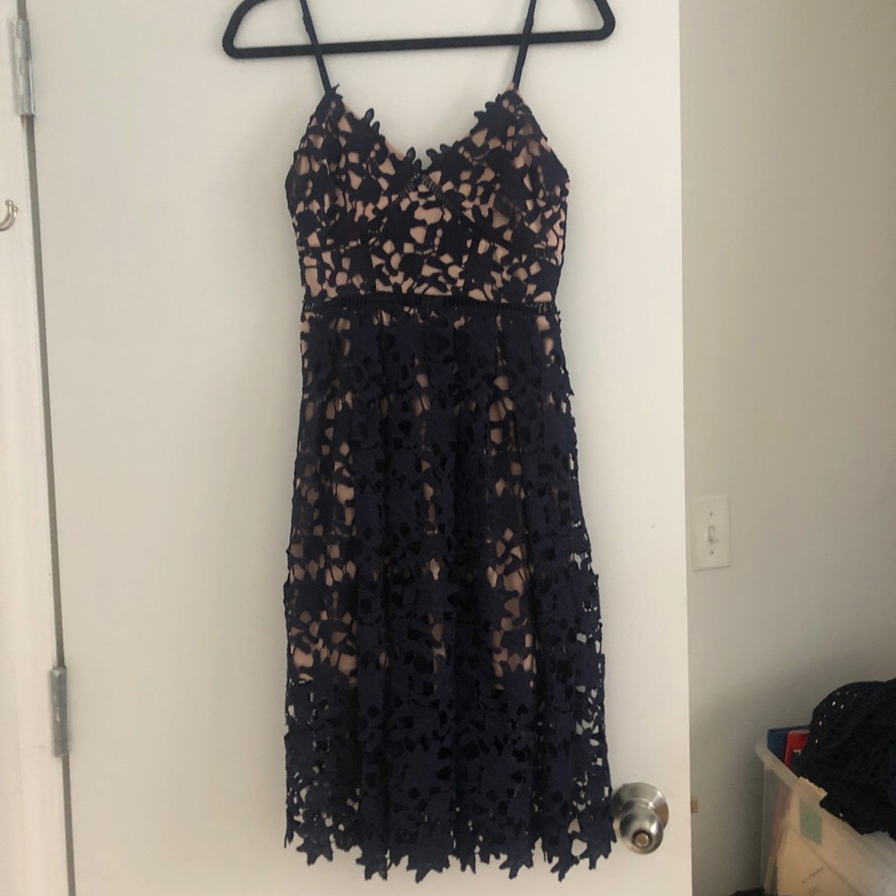 Aqua navy spaghetti strap lace dress